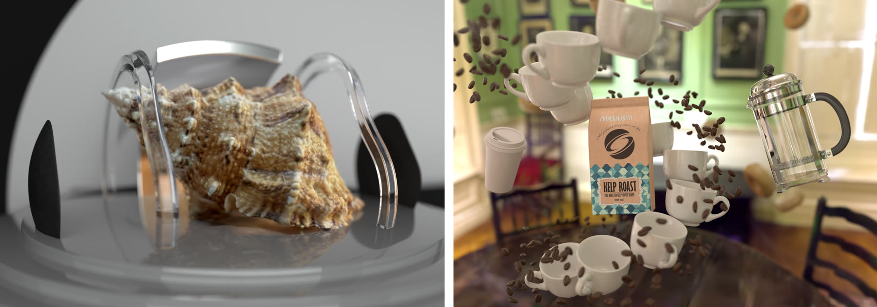 A Gaussian-splat seashell inside curved glass and a mesh coffee setup inside a Gaussian-splat room